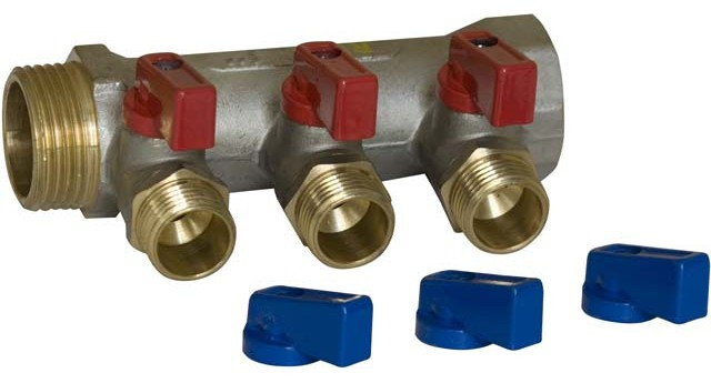 Коллектор RVC 1 гш-1/2 ш с кранами 3 выхода (в комплекте с запасными синими ручками)