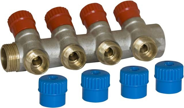 Коллектор RVC 3/4 гш-1/2 ш регулируемый 4 выхода (в комплекте с запасными синими ручками)